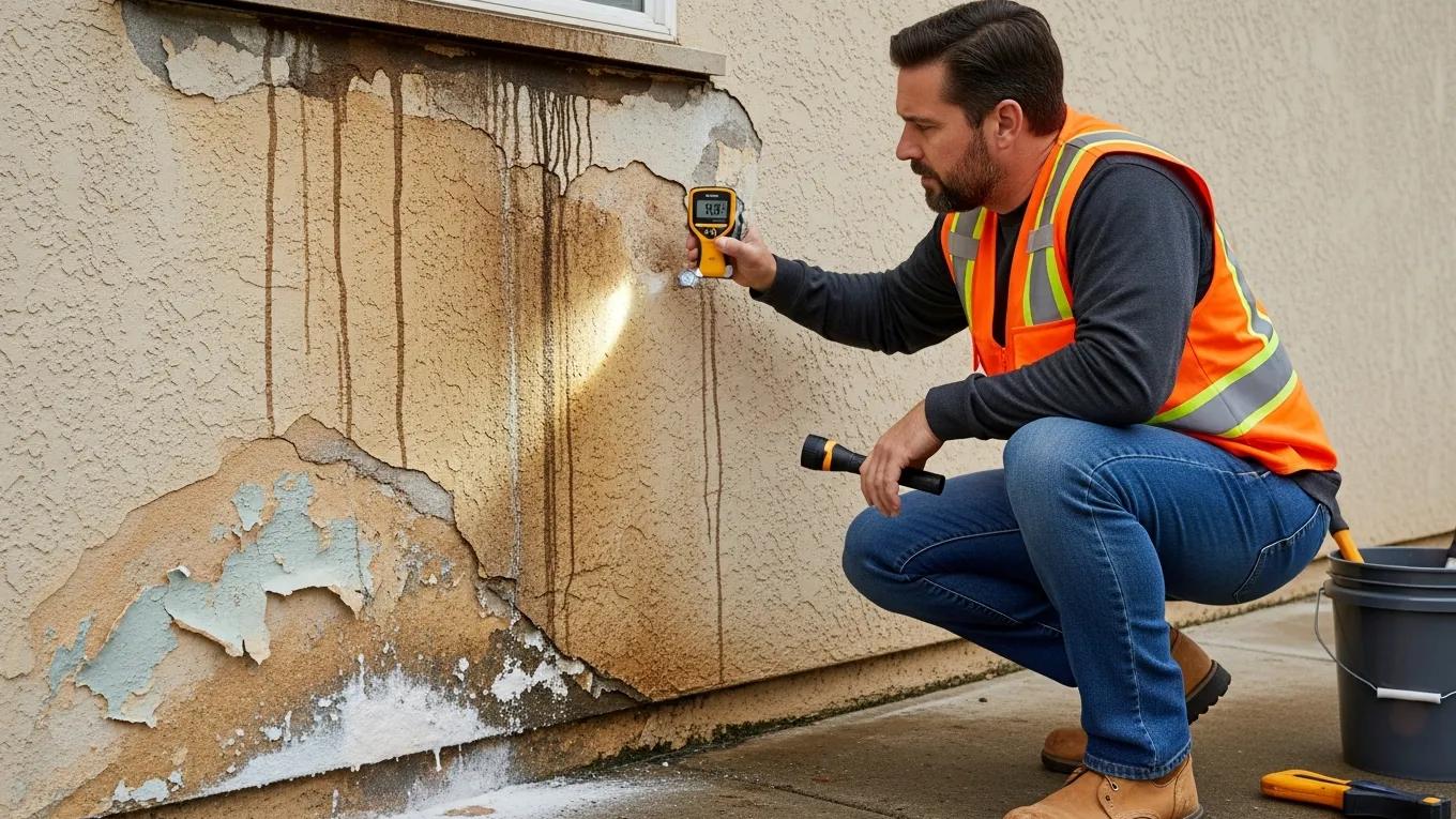 Contractor inspecting stucco wall for water damage and mold growth