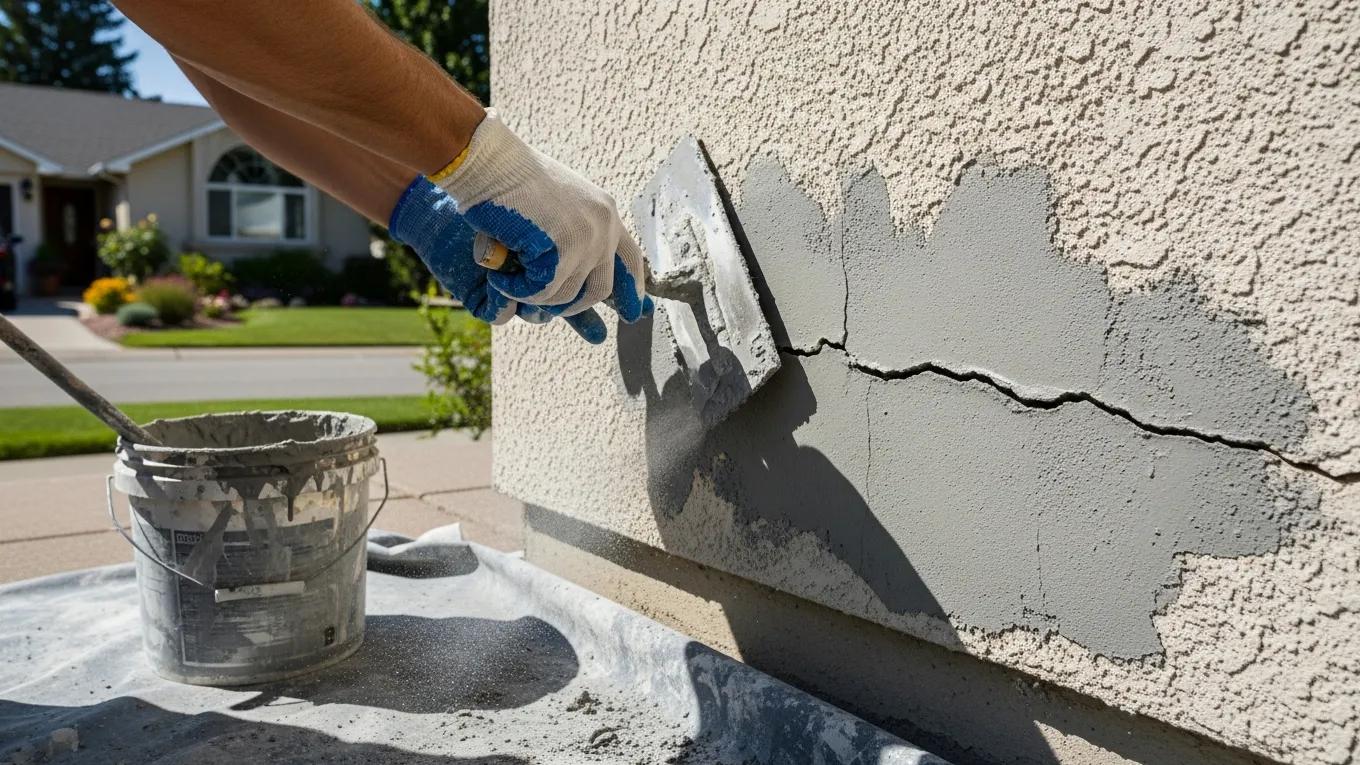 Contractor repairing a large crack in stucco with patching compound