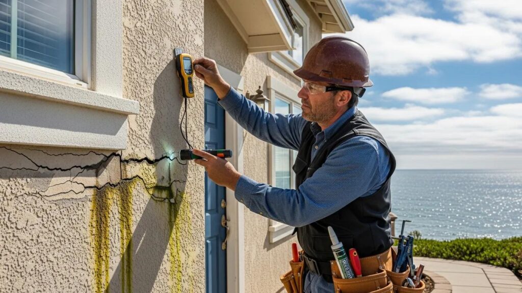 Professional stucco contractor inspecting exterior damage on a coastal home